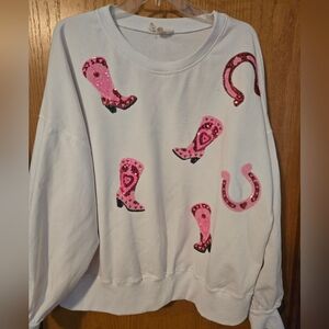 Peach Love California White Sweatshirt with Pink Sequin Boots and Horseshoes